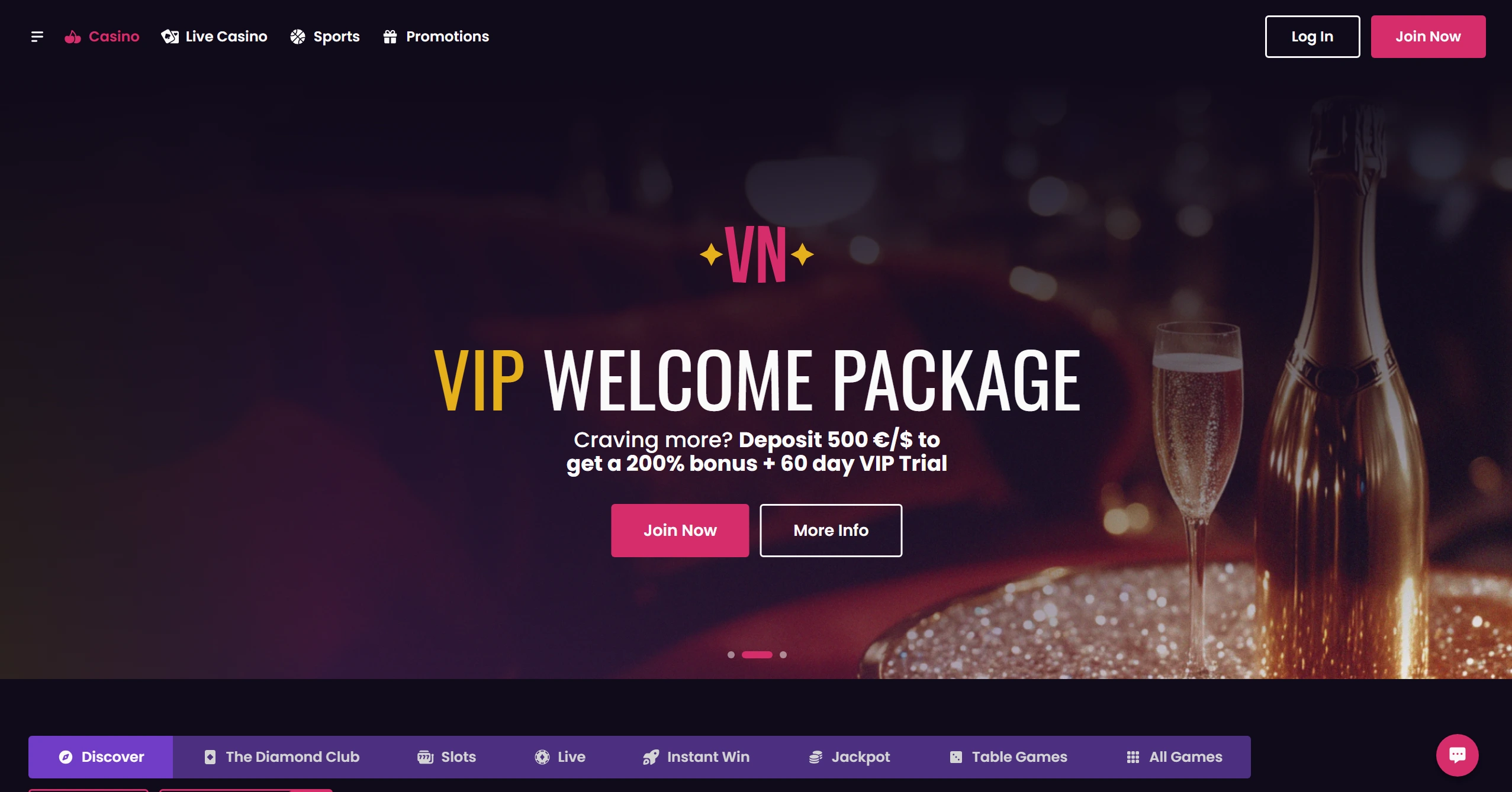 Vegas Now homepage with VIP welcome package for new players